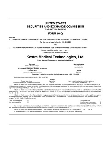 Miniature Kestra Medical Technologies 10-Q Rapport trimestriel 2025 
