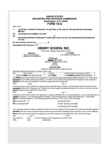 Thumbnail Henry Schein
 10-Q Quarterly Report FY 