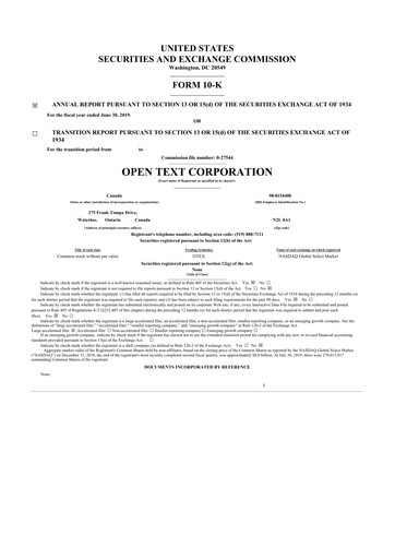 Thumbnail OpenText 10-K Annual Report 2019