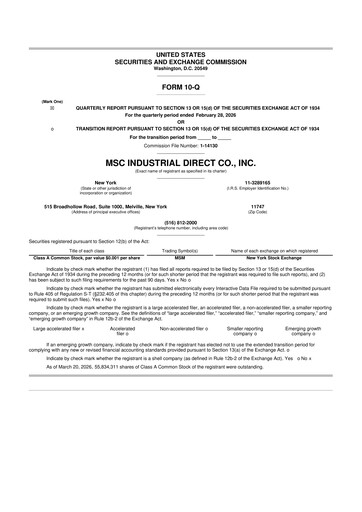 Thumbnail MSC Industrial Direct 10-Q Quarterly Report FY2026 