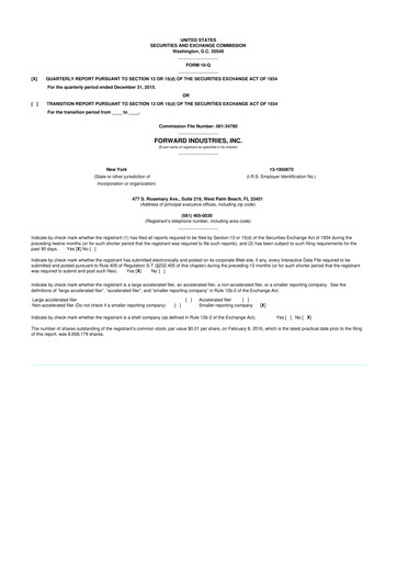 Miniature Forward Industries 10-Q Rapport trimestriel 2016 