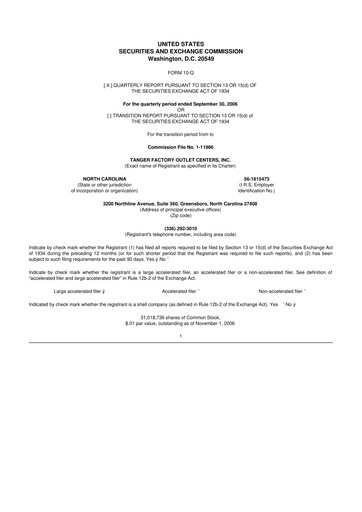 Miniature Tanger Inc.
 10-Q Rapport trimestriel  