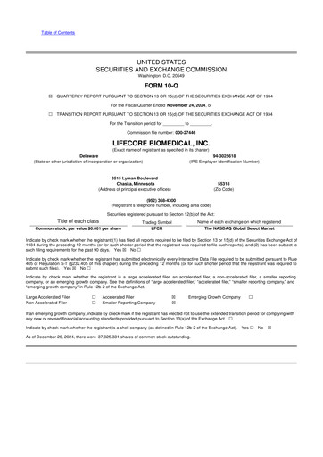 Thumbnail Lifecore Biomedical 10-Q Quarterly Report FY 