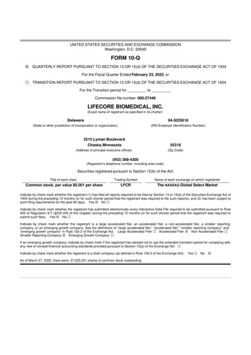 Thumbnail Lifecore Biomedical 10-Q Quarterly Report FY 
