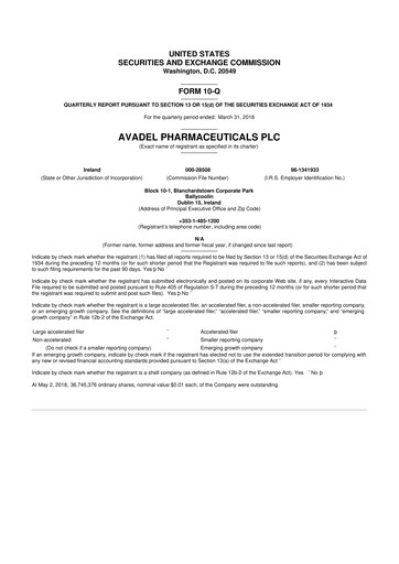 Thumbnail Avadel Pharmaceuticals
 10-Q Quarterly Report FY2018 