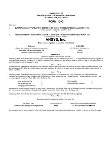 Thumbnail Ansys 10-Q Quarterly Report FY2019 