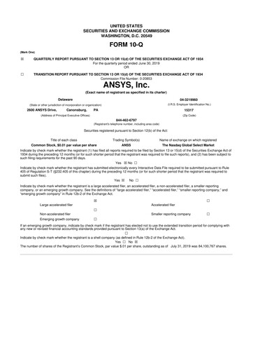 Thumbnail Ansys 10-Q Quarterly Report FY2019 