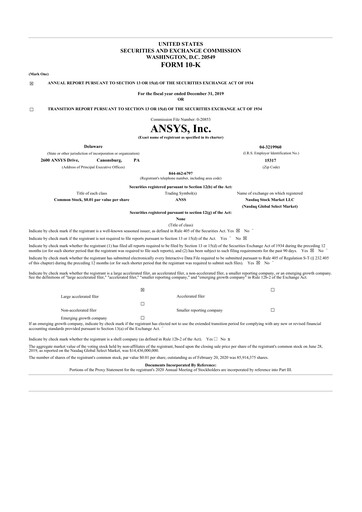 Thumbnail Ansys 10-K Annual Report 2019