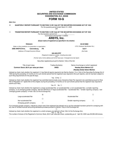Thumbnail Ansys 10-Q Quarterly Report FY2020 