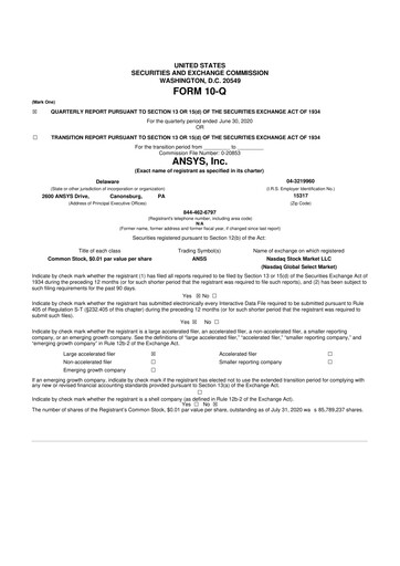 Thumbnail Ansys 10-Q Quarterly Report FY2020 