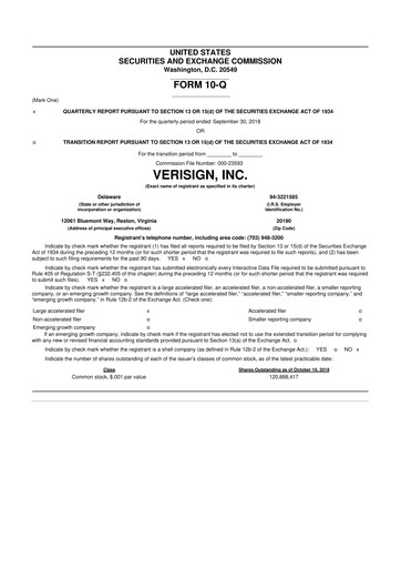 Thumbnail VeriSign 10-Q Quarterly Report FY2018 