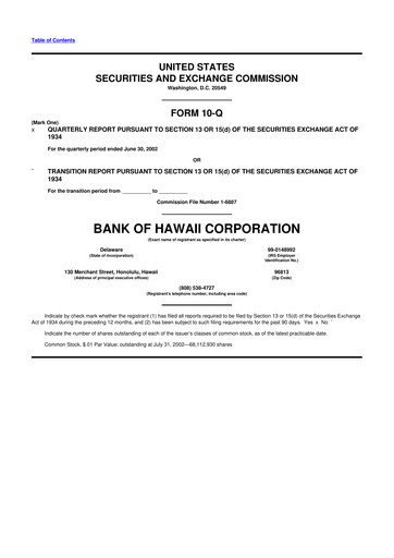 Thumbnail Bank of Hawaii
 10-Q Quarterly Report FY 