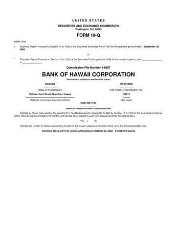 Thumbnail Bank of Hawaii
 10-Q Quarterly Report FY 