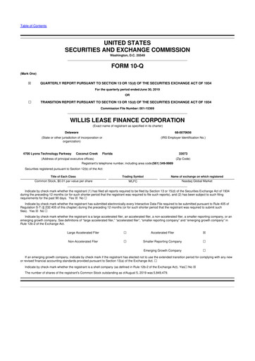 Thumbnail Willis Lease Finance Corporation 10-Q Quarterly Report FY2019 