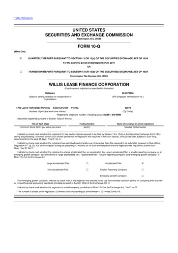 Thumbnail Willis Lease Finance Corporation 10-Q Quarterly Report FY2019 