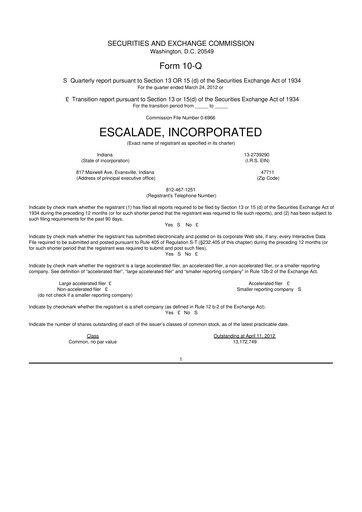 Thumbnail Escalade Sports 10-Q Quarterly Report FY 