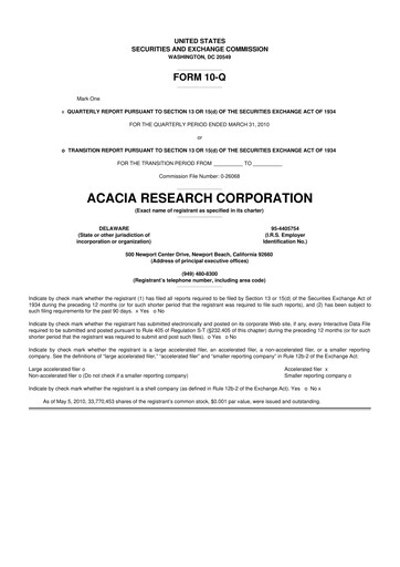 Miniature Acacia Research
 10-Q Rapport trimestriel  