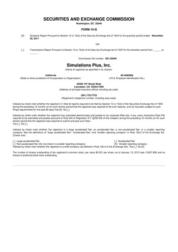 Miniature Simulations Plus
 10-Q Rapport trimestriel  
