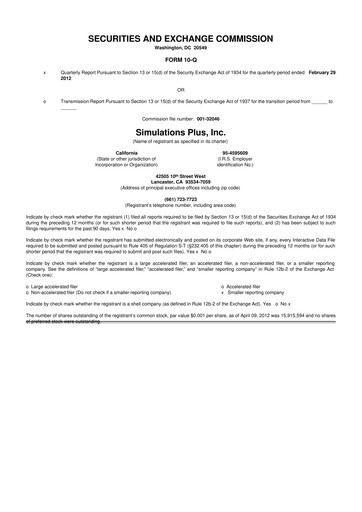 Miniature Simulations Plus
 10-Q Rapport trimestriel  