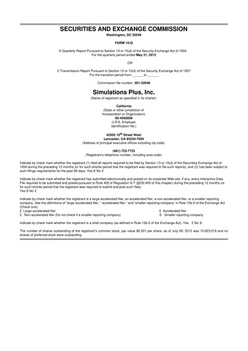 Miniature Simulations Plus
 10-Q Rapport trimestriel  