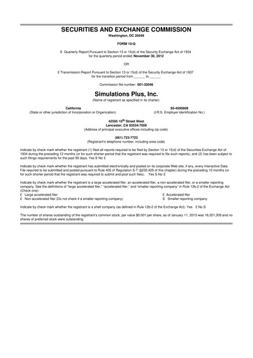 Miniature Simulations Plus
 10-Q Rapport trimestriel  