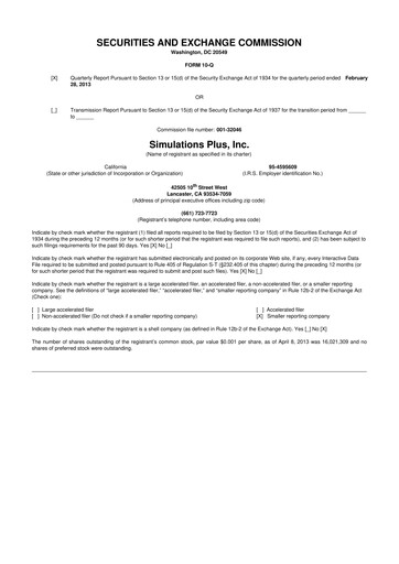 Miniature Simulations Plus
 10-Q Rapport trimestriel  