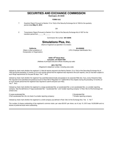 Miniature Simulations Plus
 10-Q Rapport trimestriel  