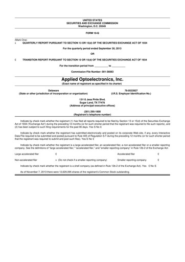Thumbnail Applied Optoelectronics 10-Q Quarterly Report FY2013 