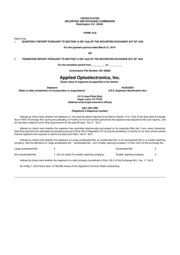 Thumbnail Applied Optoelectronics 10-Q Quarterly Report FY2014 