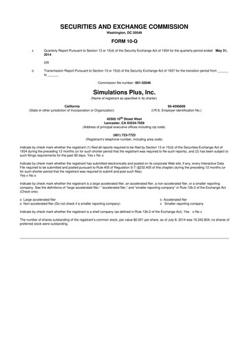 Miniature Simulations Plus
 10-Q Rapport trimestriel  