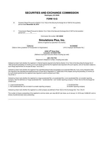 Miniature Simulations Plus
 10-Q Rapport trimestriel  