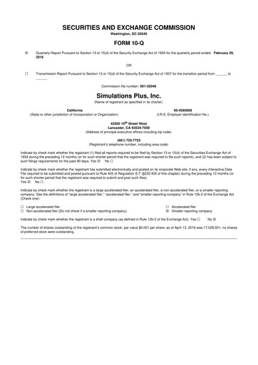 Miniature Simulations Plus
 10-Q Rapport trimestriel  