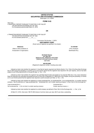 Thumbnail OGE Energy
 10-Q Quarterly Report FY2016 