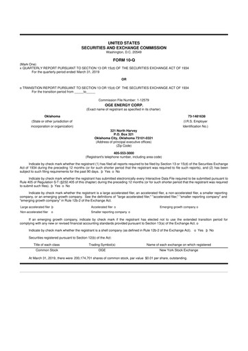 Thumbnail OGE Energy
 10-Q Quarterly Report FY2019 