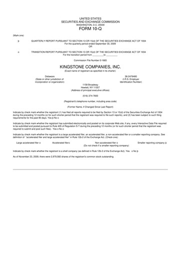 Vorschaubild Kingstone Companies 10-Q Quartalsbericht  