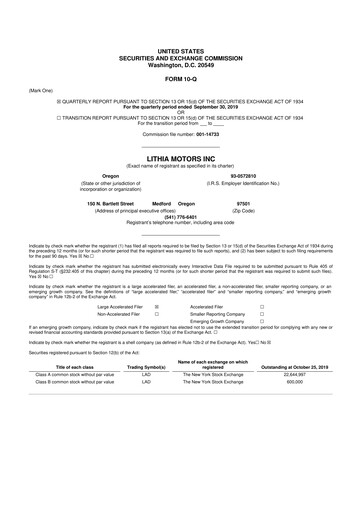 Thumbnail Lithia Motors 10-Q Quarterly Report FY2019 