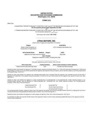 Thumbnail Lithia Motors 10-Q Quarterly Report FY2020 