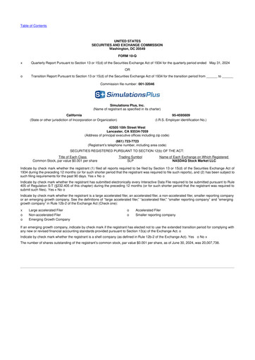 Miniature Simulations Plus
 10-Q Rapport trimestriel  