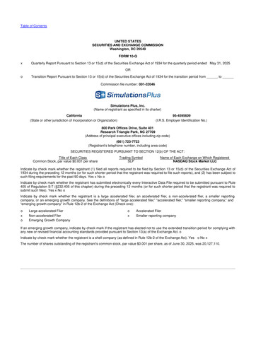 Miniature Simulations Plus
 10-Q Rapport trimestriel  