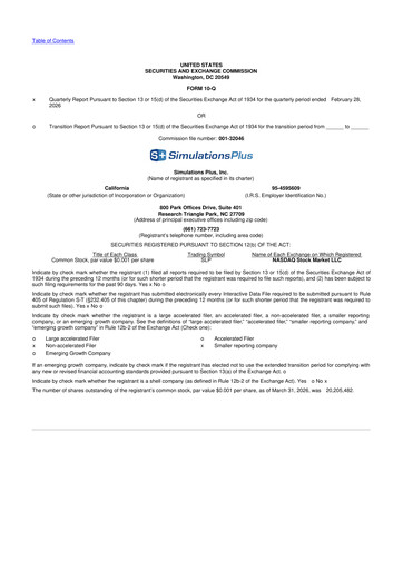 Miniature Simulations Plus
 10-Q Rapport trimestriel  