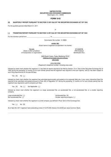 Thumbnail Aaon 10-Q Quarterly Report FY 