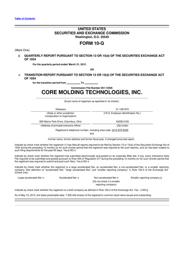 Thumbnail Core Molding Technologies 10-Q Quarterly Report FY2012 