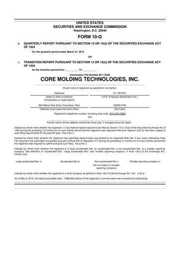 Thumbnail Core Molding Technologies 10-Q Quarterly Report FY2015 