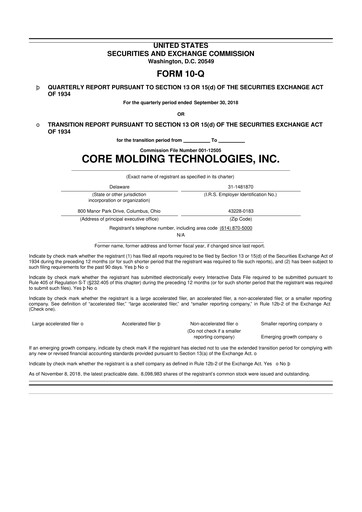 Thumbnail Core Molding Technologies 10-Q Quarterly Report FY2018 
