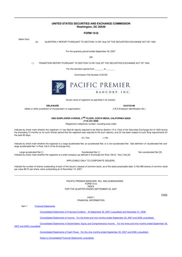 Thumbnail Pacific Premier Bancorp
 10-Q Quarterly Report FY 
