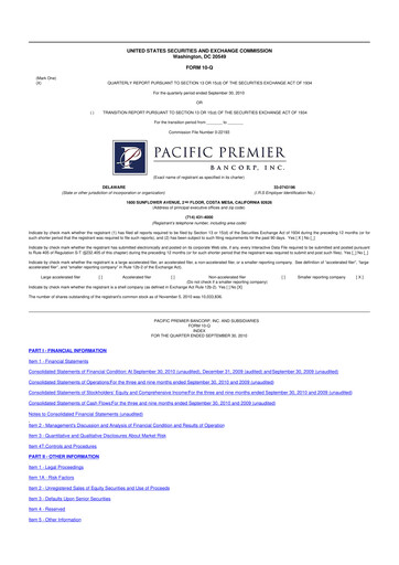 Thumbnail Pacific Premier Bancorp
 10-Q Quarterly Report FY 