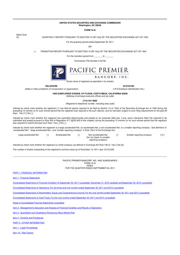 Thumbnail Pacific Premier Bancorp
 10-Q Quarterly Report FY2011 