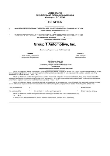 Miniature Group 1 Automotive 10-Q Rapport trimestriel 2013 