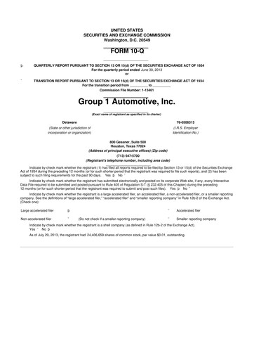 Miniature Group 1 Automotive 10-Q Rapport trimestriel 2013 