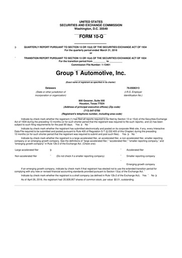 Miniature Group 1 Automotive 10-Q Rapport trimestriel 2018 